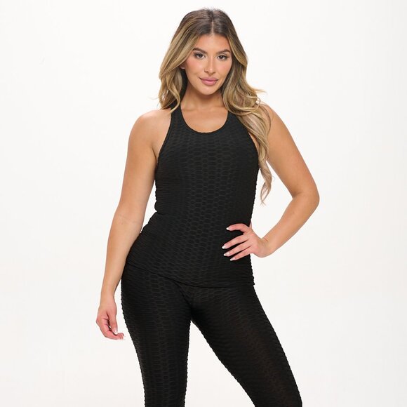 Honeycomb Textured 2-Piece Tank & Legging Set  Activewear Lounge Fit - BLACK - Picture 1 of 10